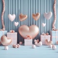 Soft colored Valentines Day illustration with hearts and gifts, 3D rendering