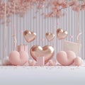 Soft colored Valentines Day illustration with hearts and gifts, 3D rendering