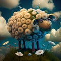 The soft cotton sheep contentedly walks on the flowery meadow - Generate Artificial Intelligente - AI