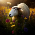 The soft cotton sheep contentedly walks on the flowery meadow - Generate Artificial Intelligente - AI