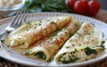 Soft crepes filled with creamy feta cheese and sauteed spinach