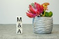 Soft cubes with the abbreviation M and A - Merger and Acquisition, with a flower