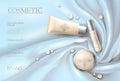 Soft 3d realistic cosmetic ad. Silk glowing fabric light blue beige silver package compact powder. Promotional banner Royalty Free Stock Photo