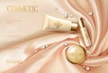 Soft 3d realistic cosmetic ad. Silk glowing fabric light rose beige golden package compact powder. Promotional banner