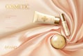 Soft 3d realistic cosmetic ad. Silk glowing fabric light rose beige golden package compact powder. Promotional banner