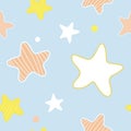Soft, delicate seamless pattern for baby kids with cute cartoon colored stars on a blue background Royalty Free Stock Photo