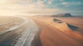 Soft And Dreamy Aerial View Of Sandy Mountain Dunes And Ocean At Sunset