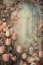 Soft and Dreamy Vintage Floral Border of Tulips and Roses Manuscript.