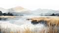 Soft And Dreamy Water Painting: Marsh And Mountain Mountains Royalty Free Stock Photo