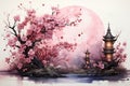 A soft and dreamy watercolor background incorporating elements like cherry blossoms, lanterns, and traditional patterns, suitable
