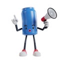 Soft drink can cartoon character raising finger as warning sign while talking using megaphone