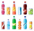 Soft drink cans and bottles. Soda bottled drinks, soft fizzy canned drinks, soda and juice beverages isolated vector Royalty Free Stock Photo