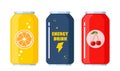 Soft drink cans set. Soda drink in aluminum can. Cherry, orange, energy drink. Vector illustration Royalty Free Stock Photo