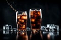 Soft drink glass with ice splash on dark background. Cola glass in celebration party concept