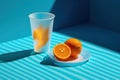 Soft drink in plastic cup with oranges still life food blue background