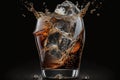 Soft drink pouring to glass with crushed ice cubes isolated on dark background. Pop drink. AI Generation Royalty Free Stock Photo