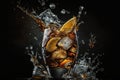 Soft drink pouring to glass with crushed ice cubes isolated on dark background. Pop drink. AI Generation Royalty Free Stock Photo