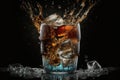 Soft drink pouring to glass with crushed ice cubes isolated on dark background. Pop drink. AI Generation Royalty Free Stock Photo