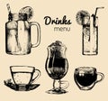 Soft drinks and glasses for bar,restaurant,cafe menu. Hand drawn beverages vector illustrations set,lemonade,coffee,tea.