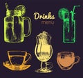 Soft drinks and glasses for bar,restaurant,cafe menu. Hand drawn beverages vector illustrations set,lemonade,coffee,tea.