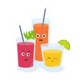 Soft drinks in glasses with cute funny faces. Fruit and vegetable juices, refreshing cocktails, healthy beverages