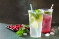 SOFT DRINKS. Refreshing summer drink lemon with mint, ice and raspberry with basil, ice. Royalty Free Stock Photo