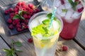 SOFT DRINKS. Refreshing summer drink lemon with mint, ice and raspberry with basil, ice. Royalty Free Stock Photo