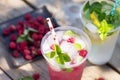 SOFT DRINKS. Refreshing summer drink lemon with mint, ice and raspberry with basil, ice. Royalty Free Stock Photo