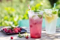 SOFT DRINKS. Refreshing summer drink lemon with mint, ice and raspberry with basil, ice. Royalty Free Stock Photo