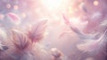 Soft, ethereal feathers gently floating on a pastel background, illuminated by a warm, dreamy light. Generative AI