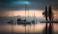 Soft Ethereal Sunset Harbor with Moored Sailboats in Bardolino, Veneto. Perfect for Wallpapers and Posters. Royalty Free Stock Photo