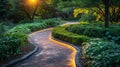 Soft evening glow highlights a tranquil garden walkway with ambient lighting