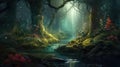 Soft fantasy forest background with creek created with Generative AI