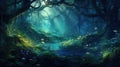 Soft fantasy forest background with creek created with Generative AI