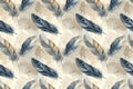 Watercolor Feather Seamless Pattern, Boho Blue And Gray Plume Design For Bohemian Home Decor, Fabric And Wallpaper Royalty Free Stock Photo
