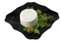 Soft feta cheese on black dish Royalty Free Stock Photo