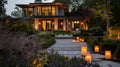 The soft flicker of candles casts a romantic aura over the modern pathway leading to a home filled with warmth. 2d flat