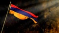 soft focus Armenia flag on smoke with sun rays background - disaster concept - abstract 3D rendering
