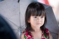 Soft focus Asian child spreads an umbrella in the background, showing a surprised face.