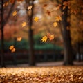 Soft focus background of falling leaves in warm tones with bokeh highl - ai generated Royalty Free Stock Photo