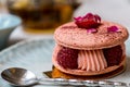 Soft focus background. Pink Raspberry Macaron cookies on blue plate. Tea time. Blue table background. . Royalty Free Stock Photo