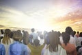 Soft focus of christian people group raise hands up worship God Jesus Christ together in church revival meeting with image of wood Royalty Free Stock Photo