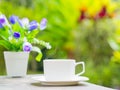 Soft focus of close up coffee cup in garden. Royalty Free Stock Photo