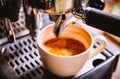 Soft focus. Close-up .Espresso pouring from making fresh coffee machine,Professional coffee shop Vintage color tone Royalty Free Stock Photo