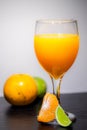 Soft Focus,Close-up shot, squeezed orange juice with lemon juice separating the perfect flavor, citrus scent of lemon, squeezed or