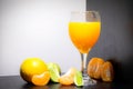 Soft Focus,Close-up shot, squeezed orange juice with lemon juice separating the perfect flavor, citrus scent of lemon, squeezed or