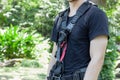 Soft focus close up young man Asian wear the safety harness for job at high critical hazard area