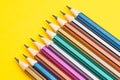 Soft focus on colorful pencils on solid yellow background with copy space using as writing ideas, variant or color art concept