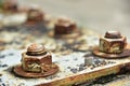 Soft focus of Corrosive rusted bolt with nut.Rusty Old Industrial Nut and Bolt Royalty Free Stock Photo