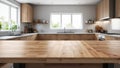 Empty wood table top counter and blur Modern kitchen interior background blurred ho Generative AI Royalty Free Stock Photo